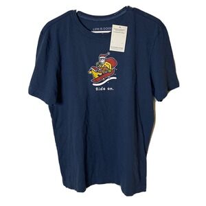 Life Is Good Men's Ride On Christmas Dog Sleigh Graphic T-Shirt Blue Size Small